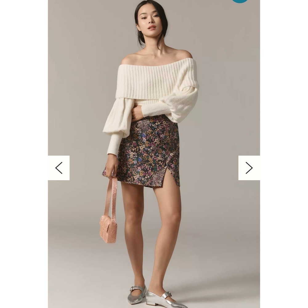 Anthropologie Maeve Gemma Faux Leather Mini Skirt Floral Print Slit Size 4 NWOT